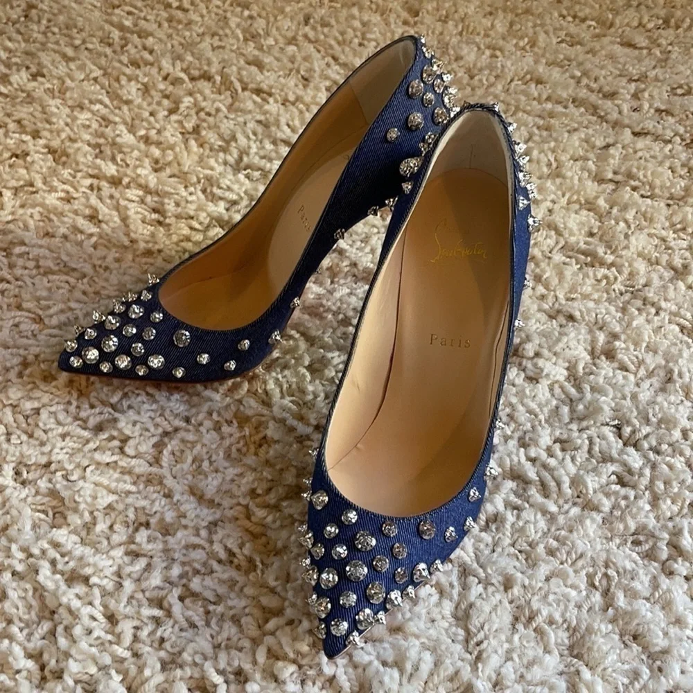 Louboutin Aimantaclou Studded Blue Denim Pumps Heels Size 39